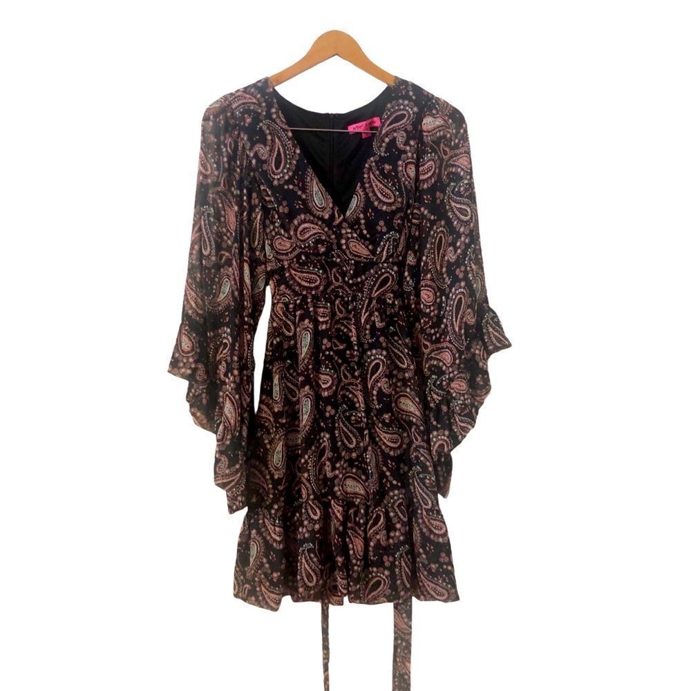 Betsy Johnson Bambi Black/Pink Paisley Ruffle Hem Vneck Flared Bell Sleeve Sz 10